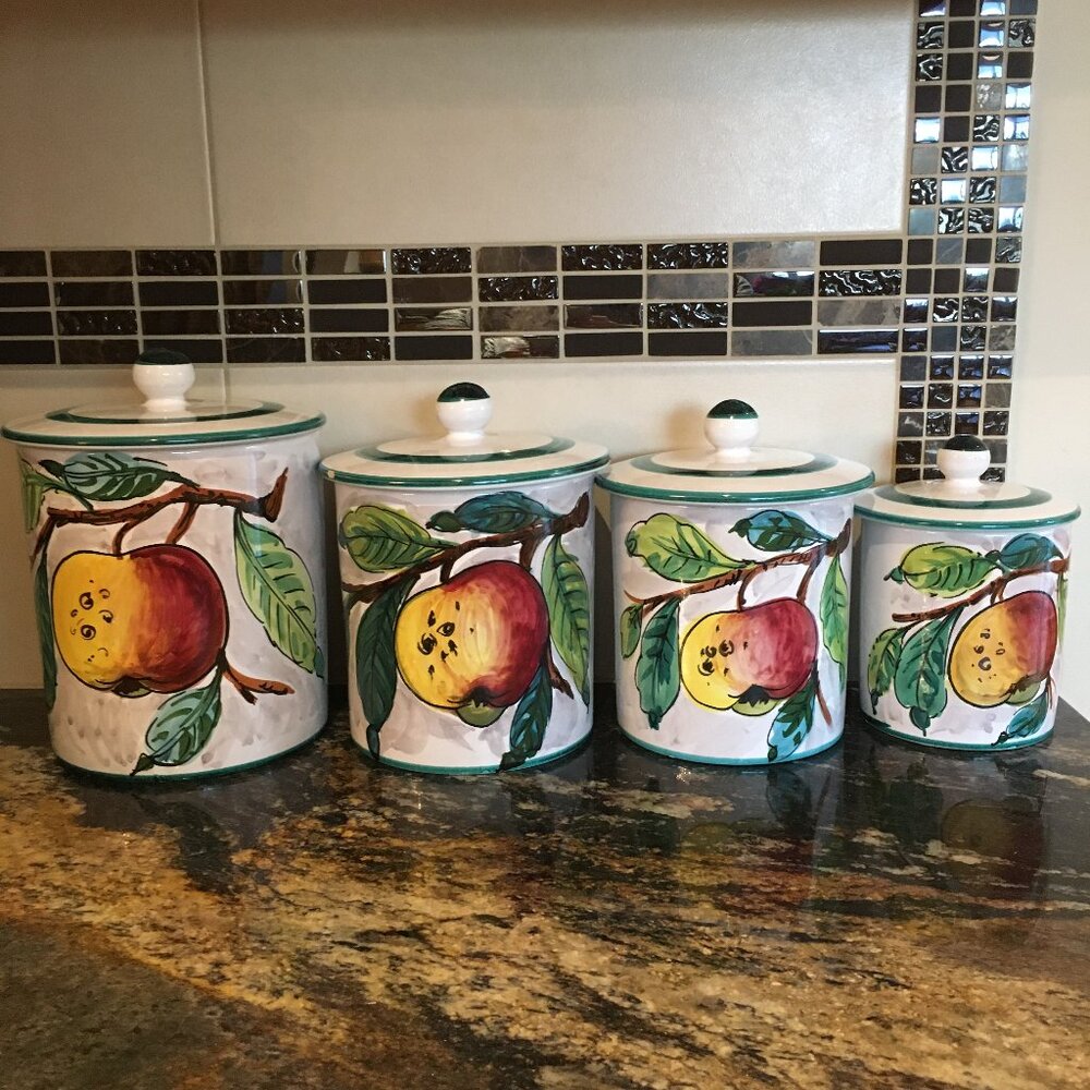Vintage Italian 4pc Red Clay Canister Set Handpainted